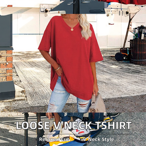 65% Cotton 35% Polyester Breathable Streetwear Plain Dyed Knitted Women Loose Oversize Crew Neck T-Shirts - Product Image 2
