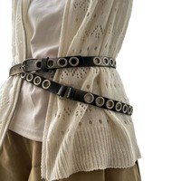 Ceinture en PU à double couche et découpes ajourées, accessoire mince et sexy pour filles, avec une longue ceinture fine à découpes ajourées
