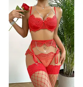 Ledakan Hari Natal Valentine panas seksi merah bordir Bra rantai logam Lingerie seksi set stoking tubuh seksi