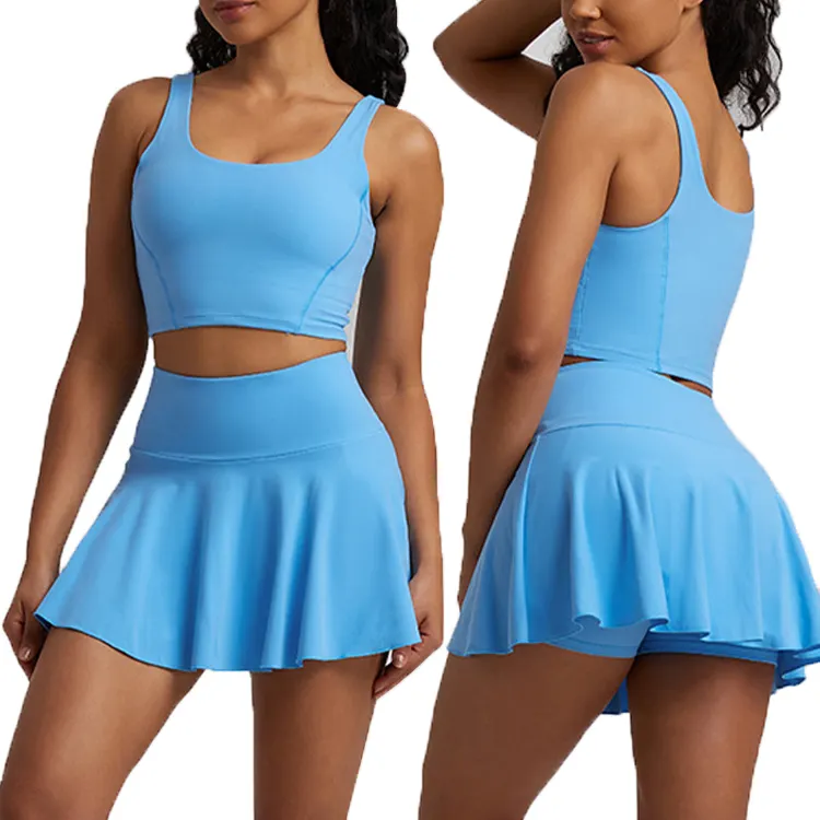 Custom Yoga Tennis Golfrok Shirt Sets Dubbele 2 Lagen Snel Droog Nylon Skarts Binnenzakken Dames Tennisrok Shirt Set