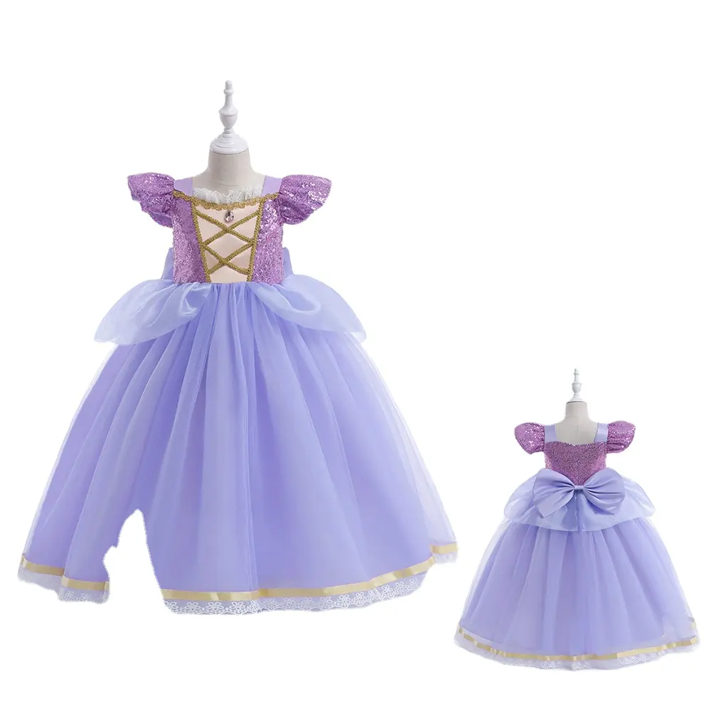 Vestido de princesa, vestido de fiesta, disfraz de pelo largo de malla, Cenicienta, pomposo, cumpleaños, niña, niños completos, lazo púrpura, soporte para niñas 2000