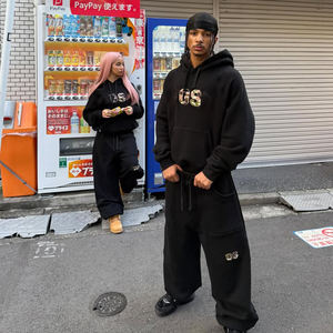 بدلة رياضية رجالية مخصصة بتطريز وتطبيقات، هودي وبنطلون رياضي فضفاض من الصوف الثقيل، ملابس رياضية قطنية للرجال - Product Image 3