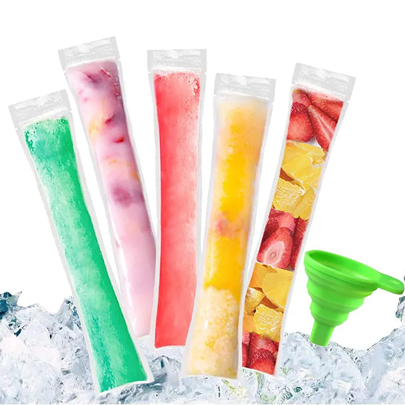 Custom Biodegradable Portable Ziplock Plastic Ice Pop Cream Yogurt Tubes Popsicle Package Mold Pouch Bag With Filling Funnel