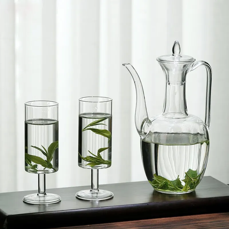 Transparent Fashion Green Glass Teapot High borosilicate Heat-resistant Brewing Retro Glass Tea Pot Set With Cup