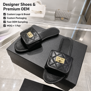 2026 Luxury Designer shoe for Women High Quality Leather Quilted <b>Slides</b> All <b>Black</b> <b>Gold</b> Lock Buckle Flat Casual Style New - Product Image 1