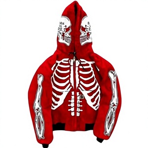 Sudadera con capucha y cremallera con estampado de calavera roja para hombre, corte regular, forro polar de punto, 100% algodón, peso pesado para invierno, ropa urbana personalizada - Product Image 1