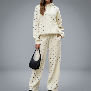 Conjunto de 2 Piezas de Moda Vintage con Estampado de Lunares, 100% Poliéster de Secado Rápido, Sudadera con Hombros Caídos y Pantalones Anchos para Mujer - Product Image 1