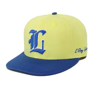 Grosir topi kualitas tinggi kustom warna kuning biru topi kotak-kotak, topi snapback pinggiran datar 6 panel katun