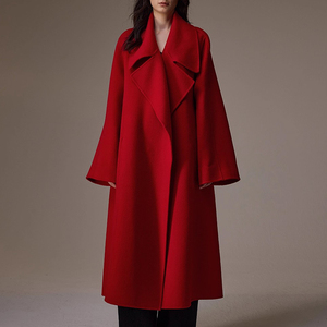 Manteau long en laine rouge surdimensionné à col rabattu Weisilili, hiver, <span class=keywords><strong>double</strong></span> face, véritable laine 100%, pour femmes, avec ceinture - Product Image 3