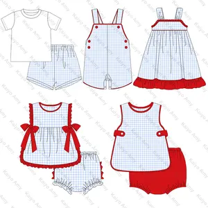 Bé trai Trang Phục 4 của July ánh sáng màu xanh gingham trẻ em mùa hè quần áo bán buôn Ruffle gia đình phù hợp với trang phục