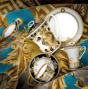 Assiettes à dîner simples en porcelaine dorée bohème de gros pour restaurant, diamètre 40 cm, ellipse, noir et or - Product Image 1
