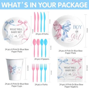 Articles de fête sur le thème du nœud papillon pour révélation du sexe du bébé (garçon ou fille) – Assiettes, gobelets, serviettes et couverts jetables « <span class=keywords><strong>Il</strong></span> ou Elle » - Product Image 2