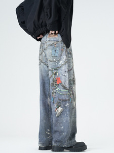 <span class=keywords><strong>Jeans</strong></span> rectos sueltos distintivos de High Street para hombres Vintage Real Shot Cutting Impresión digital Dark Denim Spring Popular - Product Image 4