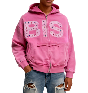 TKAN379 hommes hiver fermeture éclair à capuche personnalisé surdimensionné goutte épaule 100% coton français éponge lourd strass blanc - Product Image 1