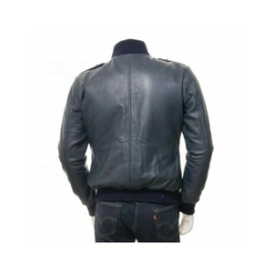 Blouson aviateur à col montant bleu marine élégant en cuir pour hommes vêtements d'équitation d'hiver avec une nouvelle tenue à la mode en peau d'agneau - Product Image 2