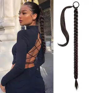 Ponytail Extensions Synthetic Boxing Braids Wrap Around Chignon Tail With Rubber Band Hair Ring 30Inch Brown Ombre Braid