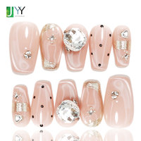 Lot de faux ongles de luxe en gelée, style Baddie, à presser, marque privée, faits à la main, avec cristaux 3D, en acrylique, tendance, forme cercueil, faible MOQ