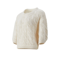 Suéter de Punto Casual de Alta Calidad para Mujer, Cuello Redondo, Manga Corta Abullonada, Color Marfil, Diseño Pointelle, Otoño Invierno, OEM ODM