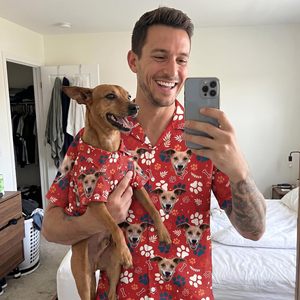 Custom <b>Dog</b> Face Matching Hawaiian Shirt For <b>Men</b> Women Summer Vacation Gift Personalized Pet Photo Design Short Sleeve Red - Product Image 2