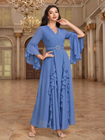 Abaya bleue à volants avec ceinture pour l'Aïd, vêtements islamiques modestes à manches évasées pour les fêtes saoudiennes de Dubaï