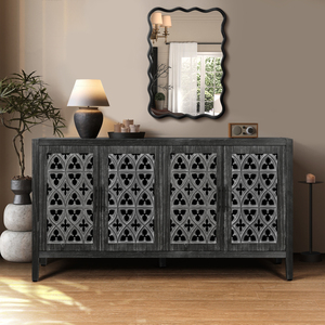 Hollow Four Door Cabinet Antique Black American Country Style Living Room TV Kitchen <b>Storage</b> Cabinet - Product Image 1