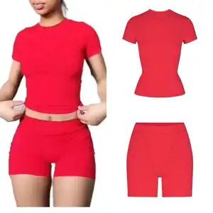 红色女式短裤套装两件套eeshow lougne穿dupe涤纶罗纹t恤和短裤街装2024春天
