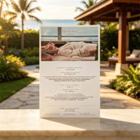 Impression de menus de spa personnalisés sur papier Conqueror 300 g/m², recto-verso et impression CMYK 4 couleurs avec dorure à chaud pour hôtels de luxe