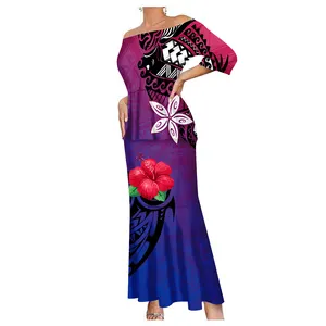 True size style polynesian samoa 2 piece set sexy cold shoulder tops and slim fit fishtail dress puletasi set fashion custom