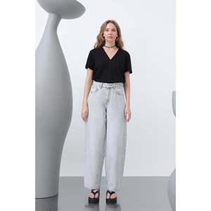 Pantalon en jean à jambes larges pour femme, taille haute, extensible, délavé clair, 32192PNT - Product Image 3