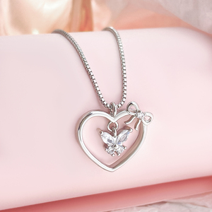 Nuovo Design Semplice di Gioielleria in Stile Coreano, Collana a Cuore con Zirconia Cubica, Delicata Collana con Farfalla e Piccolo Fiocco Abbinato per Donne - Product Image 1