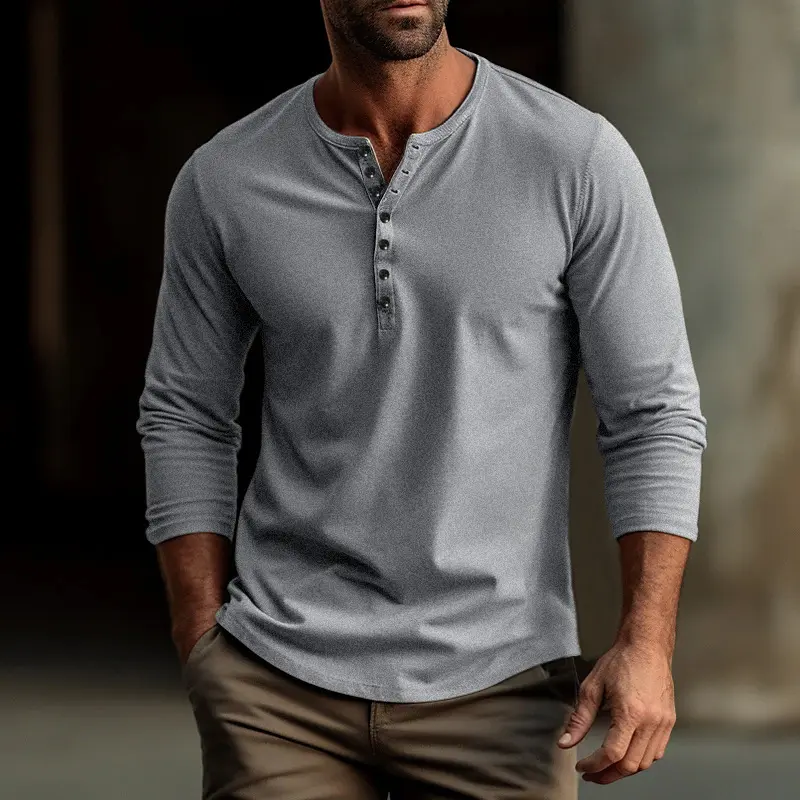 Herren Langarm Slim Fit Henley-Hemd mit Rundem Hals Knopf T-Shirt Basis Tee-T-Shirts für Herren