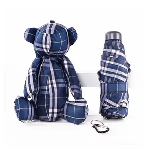 Brinquedo infantil novo mini guarda-chuva azul xadrez urso dos desenhos animados ultra leve compacto guarda-chuva ensolarado de cinco dobras