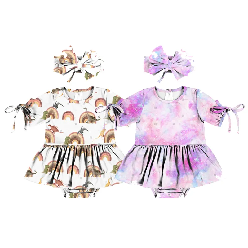 YIWU Wholesale cheap baby clothing korean style short sleeve back buttons tassels romper dress with headband romper set