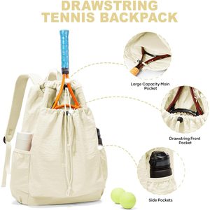 Sac à dos pour raquettes de tennis et de pickleball Coofay en polyester 30-40L avec fermeture à cordon et compartiment pour chaussures pour femmes et hommes Beige - Product Image 6