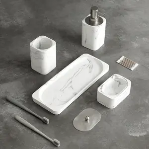 4 Piece Bathroom Accessories Set BX 4 Piece Marble Resin Bathroom Accessory Set Soap Dispenser Cotton Holder Tumbler Tray