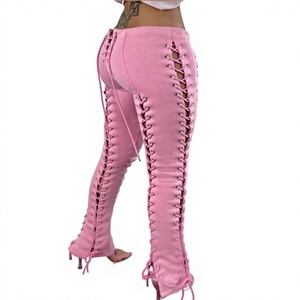 Women's Strapless Lace-Up Ribbed Crop Top and <b>High</b> Waist Skinny Trouser Set Sexy Club Matching Two Piece Outfit - Product Image 4