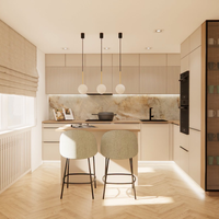 Meuble de cuisine moderne de luxe en bois sur mesure avec îlot en quartz, machine à laver intégrée, design sans poignée, accessoires à fermeture douce, en forme de L