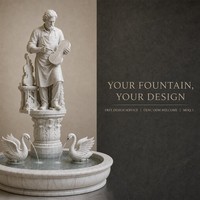 Fontaine de jardin en marbre sculptée à la main avec statue de luthier et deux becs de cygne, bassin à trou en F pour violon, pour l'aménagement paysager de villas et de terres de famille