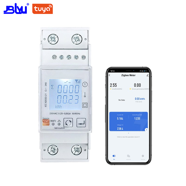 Tuya WIFI ZigBee 2.4GHz Single-phase Smart Wireless Rail Electric Meter Bidirectional Measurement Solar Energy 230V 80A JBLYU 2%