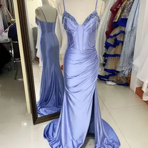 Neue Perlen quaste Großhandel blau lange Kleider Abendkleider für Ballkleid Satin