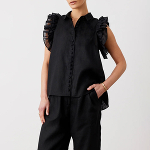 Sólido abotonado volante gorra mangas camisa y cintura alta pantalones de pierna ancha algodón <span class=keywords><strong>2</strong></span> piezas conjunto Patalon Et Haut Pour Mujer Dame - Product Image 4