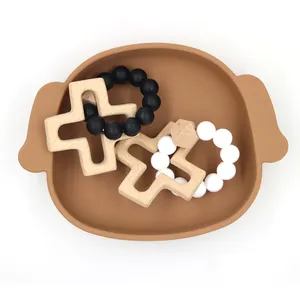 Dropshipping white and black silicone beads hex wooden beads nursing toy silicone cross teether rattle