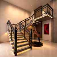Rampe d'escalier moderne et contemporaine pour villa loft, en aluminium noir, avec barre horizontale, marches flottantes en bois et balustrade LED
