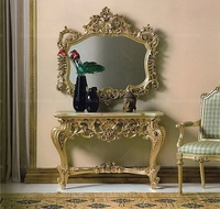 Table console en marbre avec miroir, style baroque luxueux, sculptée en bois doré
