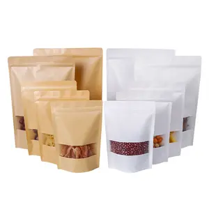 Sacos para embalagens de alimentos, sacos de papel marrom/branco recarregáveis com janela para sacos de embalagem de alimentos