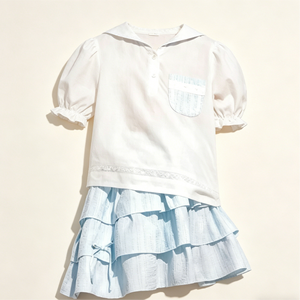 Nuovo Arrivo Estate 2026: Set Stile Coreano con Camicia in Cotone <span class=keywords><strong>a</strong></span> Maniche Corte e Gonna <span class=keywords><strong>a</strong></span> Strati per Bambine - Product Image 2