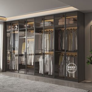 <span class=keywords><strong>Armadio</strong></span> a Muro Moderno 2025 con Telaio in Alluminio Grigio, Porta in Vetro, Illuminazione LED, Doppio Appendiabiti, Personalizzabile OEM - Product Image 2