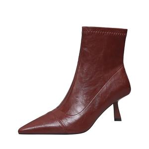 2738-2 Botas ajustadas retro para <span class=keywords><strong>mujer</strong></span> Botas cortas francesas individuales Diseño desnudo puntiagudo Cuero suave Slip-On All-Match Stretch Thin - Product Image 3