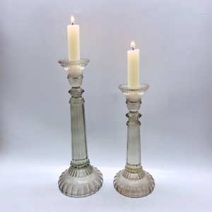 손으로 불어 유리 테이퍼 캔들 홀더 세트 2 골동품 프레스 유리 촛대 유리 가정 장식 - Product Image 1