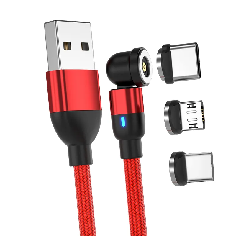 Kabel pengisi daya magnetik 3 dalam 1, kabel pengisian daya Usb magnetik kepang nilon, konektor putar 540 derajat, kabel pengisian daya magnetik